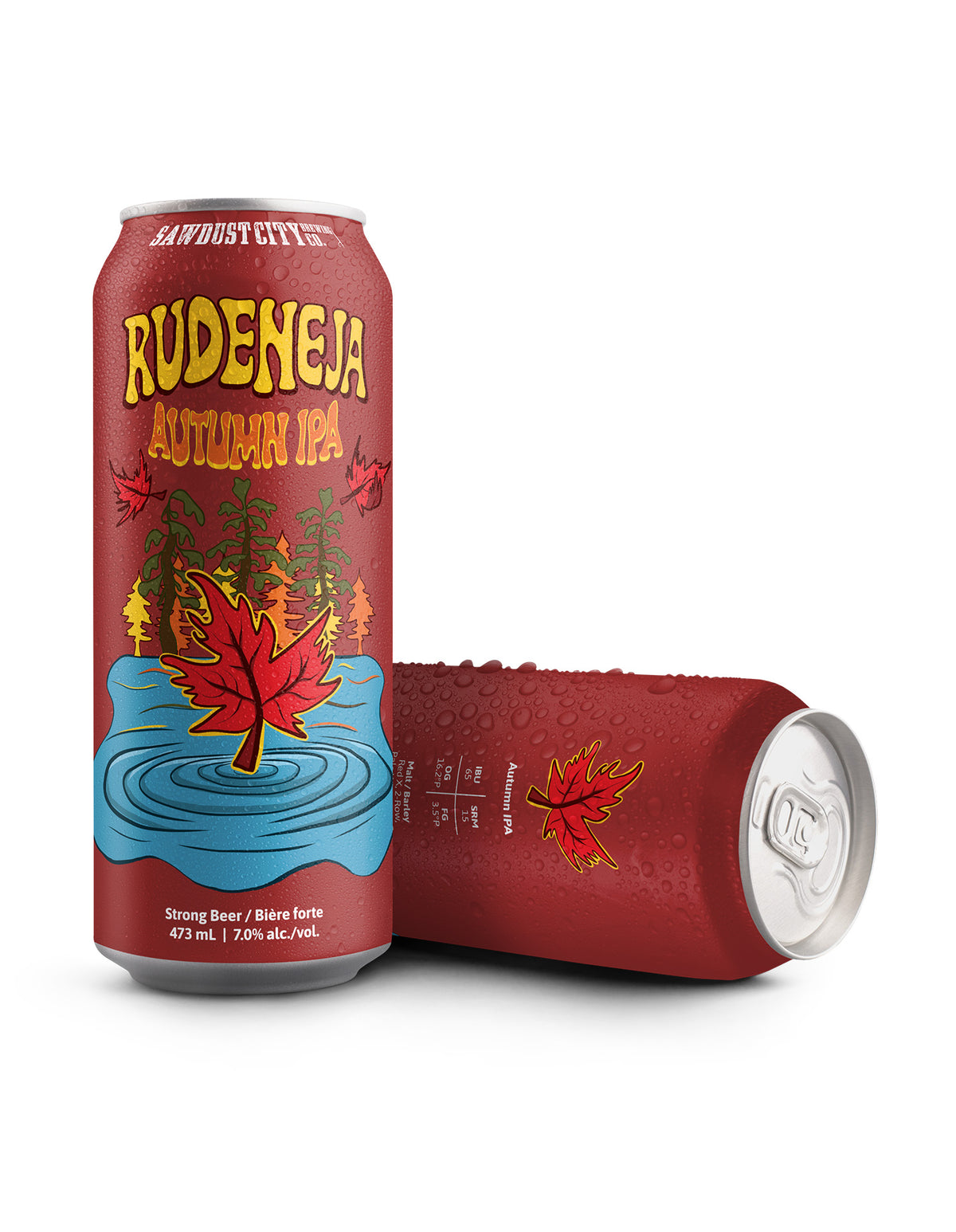 Two red beverage cans on a white studio background. The standing can shows the front label reading Rudeneja Autumn IPA with autumn tree and maple leaf artwork, and the second can lies on its side showing the red side panel with a small maple leaf graphic and silver pull tab.